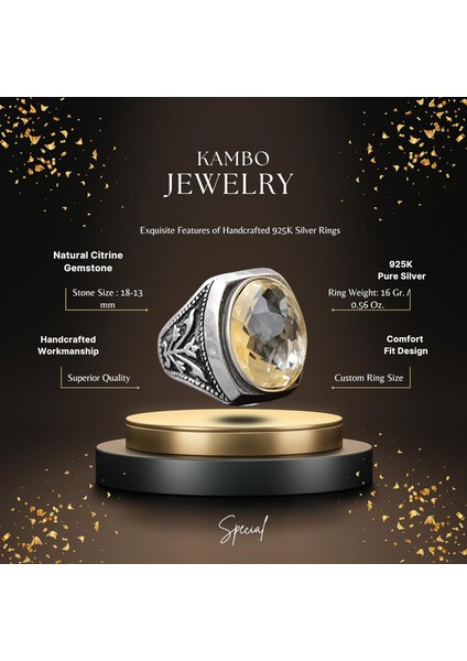 Erkekler Için Sterling Gümüş Yüzük - Doğal Oval Sitrin Taşı ve Lale Motifli Tasarım fiyatları