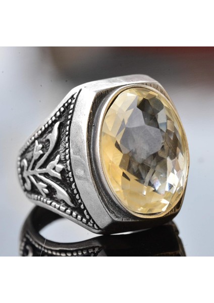 Erkekler Için Sterling Gümüş Yüzük - Doğal Oval Sitrin Taşı ve Lale Motifli Tasarım modelleri