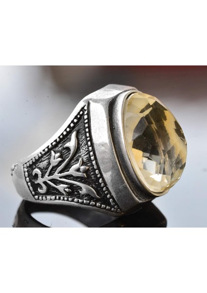 Erkekler Için Sterling Gümüş Yüzük - Doğal Oval Sitrin Taşı ve Lale Motifli Tasarım fırsatları