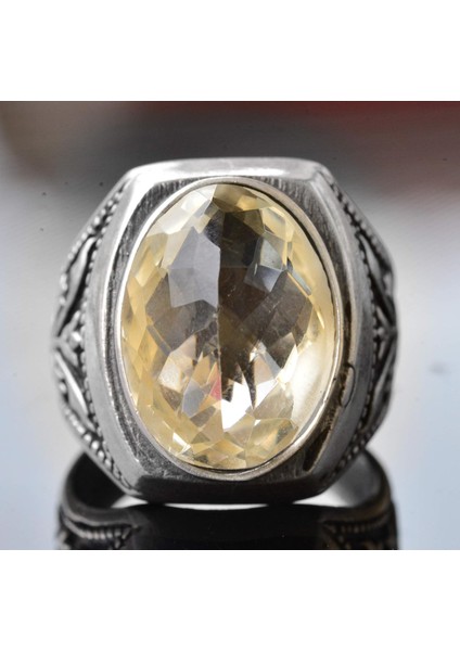 Erkekler Için Sterling Gümüş Yüzük - Doğal Oval Sitrin Taşı ve Lale Motifli Tasarım indirimleri