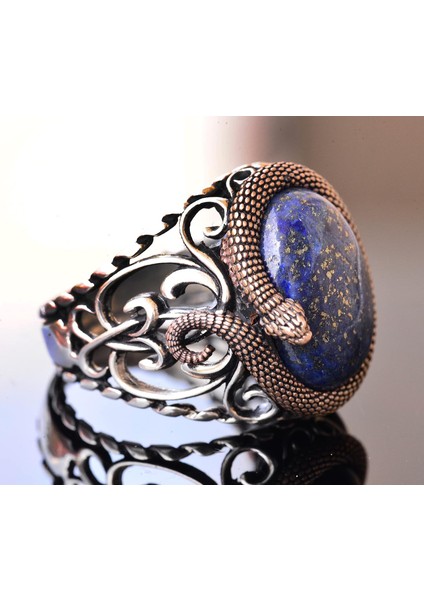 Doğal Lapis Lazuli Taşı, Yılan Yüzük, El Yapımı Yüzük, Ayar Gümüş Erkek Yüzüğü, Mavi Gümüş Aksesuar