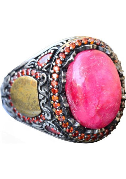 Yakut Taşlı Yüzük - Vintage Tarzı 925 Ayar Gümüş Erkek Yüzüğü