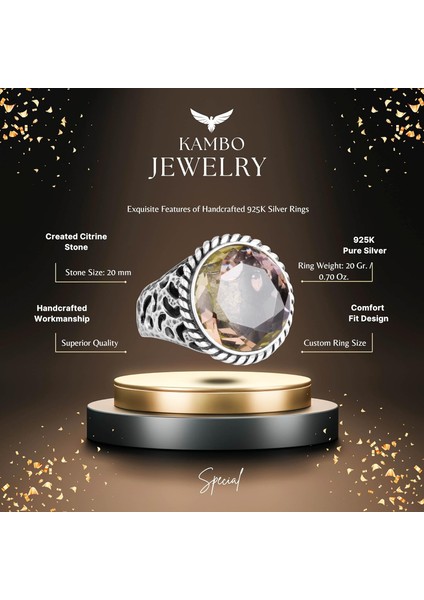 925 Ayar Gümüş Erkek Yüzük - El Yapımı Sentetik Sitrin Taş Yüzük - Modern Tasarım fiyatları