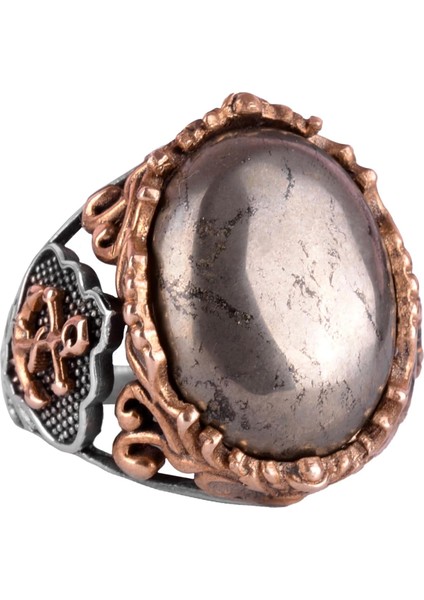 Yelkenli Çapa Pyrite Doğal Taş Yüzük - 925K Katı Sterlin Gümüş Erkek Yüzüğü