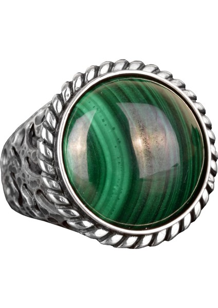 925 Ayar Gümüş Yüzük, Doğal Malahit Taş Yüzük, Yuvarlak Erkek Yüzüğü