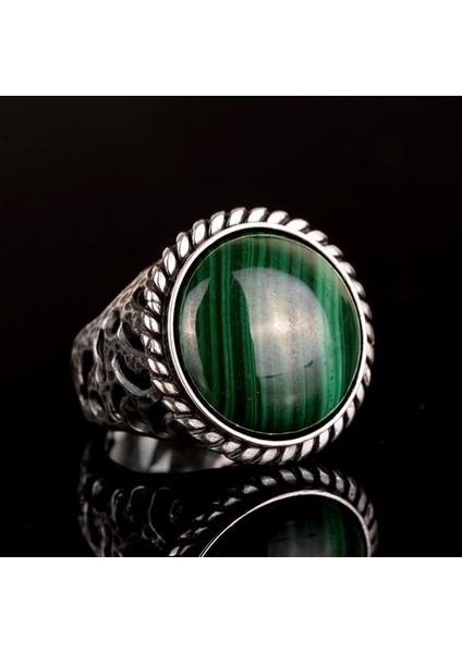 925 Ayar Gümüş Yüzük, Doğal Malahit Taş Yüzük, Yuvarlak Erkek Yüzüğü fiyatları