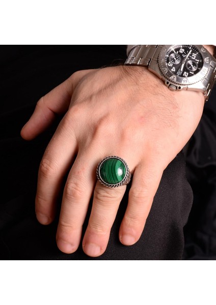 925 Ayar Gümüş Yüzük, Doğal Malahit Taş Yüzük, Yuvarlak Erkek Yüzüğü modelleri