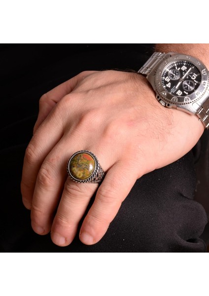 925 Ayar Gümüş Yüzük, Doğal Malahit Taş Yüzük, Yuvarlak Erkek Yüzüğü fırsatları