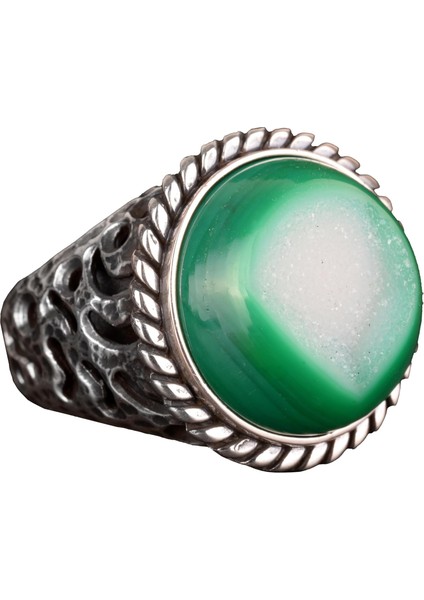 Erkekler Için 925 Ayar Gümüş Yüzük, Doğal Druzy Kuvars: Mavi, Yeşil, Kırmızı Varyasyonlar (Yeşil)