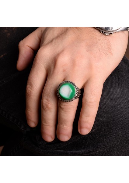 Erkekler Için 925 Ayar Gümüş Yüzük, Doğal Druzy Kuvars: Mavi, Yeşil, Kırmızı Varyasyonlar (Yeşil) modelleri