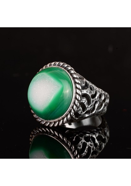 Erkekler Için 925 Ayar Gümüş Yüzük, Doğal Druzy Kuvars: Mavi, Yeşil, Kırmızı Varyasyonlar (Yeşil) fırsatları