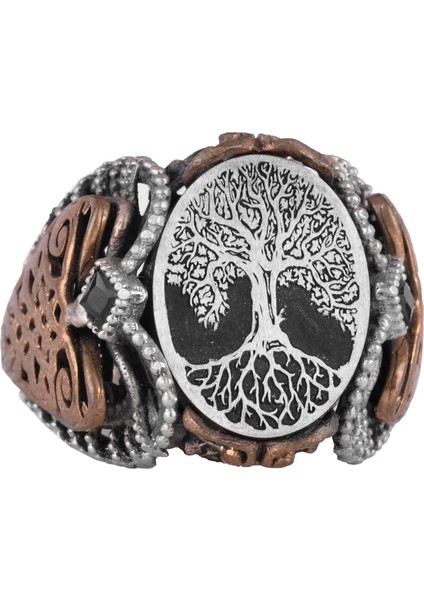 Sterling Gümüş Desenli Yüzük, Amblem - Şahane Kültürel Tasarım (Yggdrasil Hayat Ağacı)