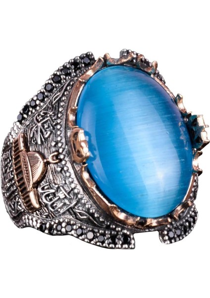 Islami Camii 925 Ayar Gümüş Erkek Yüzük, Açık Mavi Kedi Gözü Oluşan Taş Yüzük