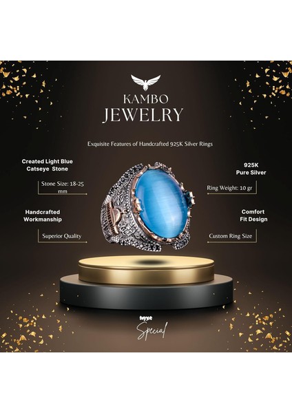 Islami Camii 925 Ayar Gümüş Erkek Yüzük, Açık Mavi Kedi Gözü Oluşan Taş Yüzük fiyatları