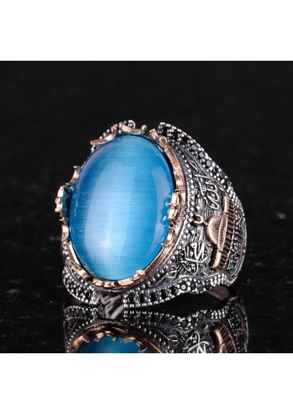 Islami Camii 925 Ayar Gümüş Erkek Yüzük, Açık Mavi Kedi Gözü Oluşan Taş Yüzük modelleri