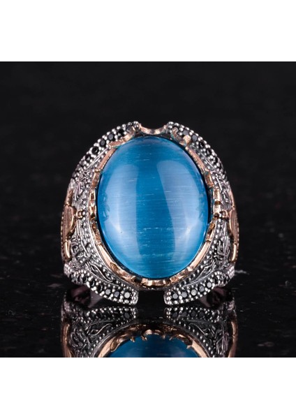 Islami Camii 925 Ayar Gümüş Erkek Yüzük, Açık Mavi Kedi Gözü Oluşan Taş Yüzük fırsatları