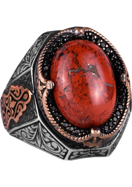 Doğal Kırmızı Kan Taşı Yüzük - 925 Ayar Katı Gümüş Yüzük Erkekler Için