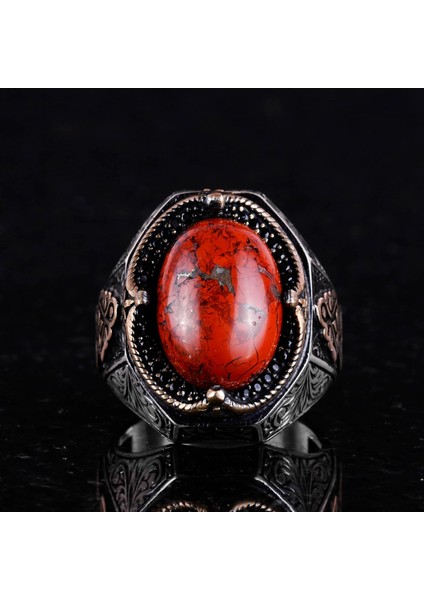 Doğal Kırmızı Kan Taşı Yüzük - 925 Ayar Katı Gümüş Yüzük Erkekler Için fırsatları