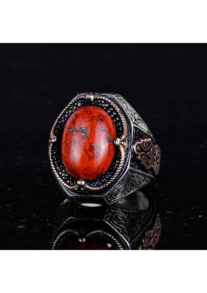 Doğal Kırmızı Kan Taşı Yüzük - 925 Ayar Katı Gümüş Yüzük Erkekler Için indirimleri