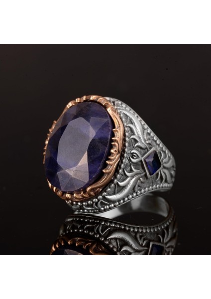 925 Ayar Gümüş Erkek Yüzük, Doğal Safir Taşlı Yüzük, El Yapımı Yüzük fırsatları