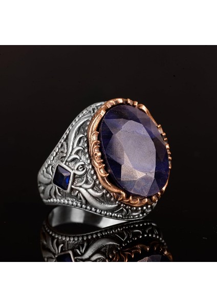 925 Ayar Gümüş Erkek Yüzük, Doğal Safir Taşlı Yüzük, El Yapımı Yüzük indirimleri