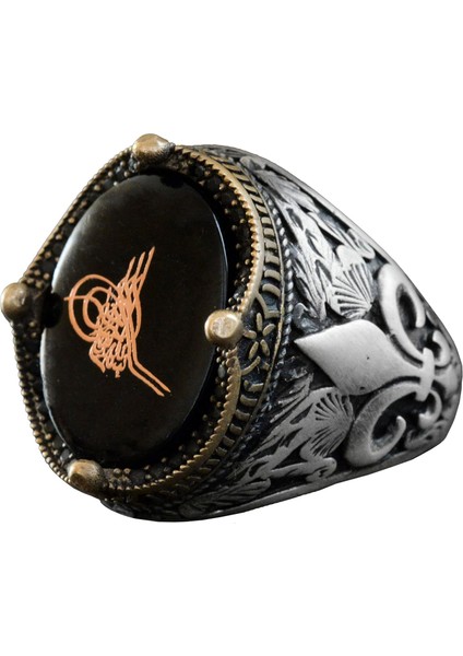 El Yapımı Siyah Oniks Taş Yüzük, 925 Ayar Gümüş Erkek Yüzüğü, Türk Tuğra Tasarımı