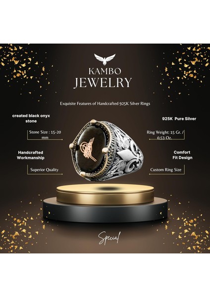 El Yapımı Siyah Oniks Taş Yüzük, 925 Ayar Gümüş Erkek Yüzüğü, Türk Tuğra Tasarımı fiyatları
