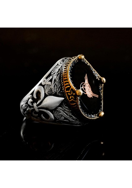 El Yapımı Siyah Oniks Taş Yüzük, 925 Ayar Gümüş Erkek Yüzüğü, Türk Tuğra Tasarımı modelleri