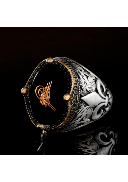 El Yapımı Siyah Oniks Taş Yüzük, 925 Ayar Gümüş Erkek Yüzüğü, Türk Tuğra Tasarımı fırsatları