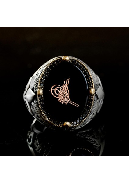 El Yapımı Siyah Oniks Taş Yüzük, 925 Ayar Gümüş Erkek Yüzüğü, Türk Tuğra Tasarımı indirimleri