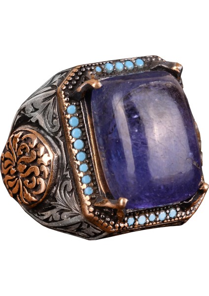 Doğal Tanzanit Taşlı Yüzük, El Yapımı Yüzük, 925 Ayar Gümüş Yüzük Erkekler Için