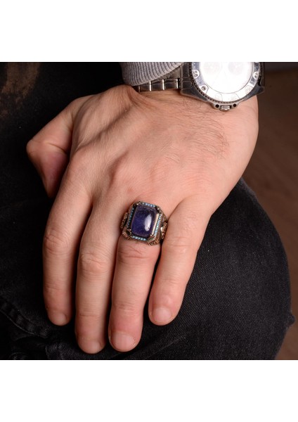Doğal Tanzanit Taşlı Yüzük, El Yapımı Yüzük, 925 Ayar Gümüş Yüzük Erkekler Için modelleri