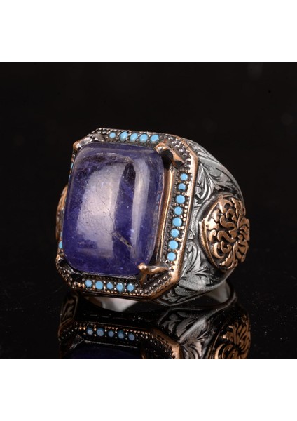 Doğal Tanzanit Taşlı Yüzük, El Yapımı Yüzük, 925 Ayar Gümüş Yüzük Erkekler Için indirimleri