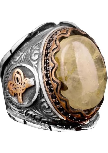 Doğal Prehnite Taş Yüzük, 925 Ayar Gümüş Erkek Yüzük, Tugra Yüzük