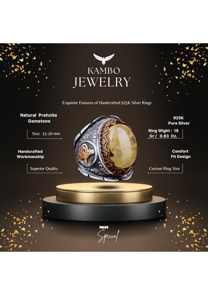 Doğal Prehnite Taş Yüzük, 925 Ayar Gümüş Erkek Yüzük, Tugra Yüzük fiyatları