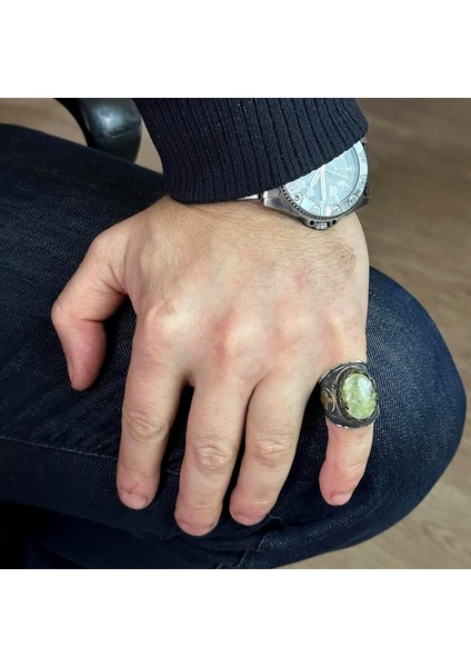 Doğal Prehnite Taş Yüzük, 925 Ayar Gümüş Erkek Yüzük, Tugra Yüzük modelleri