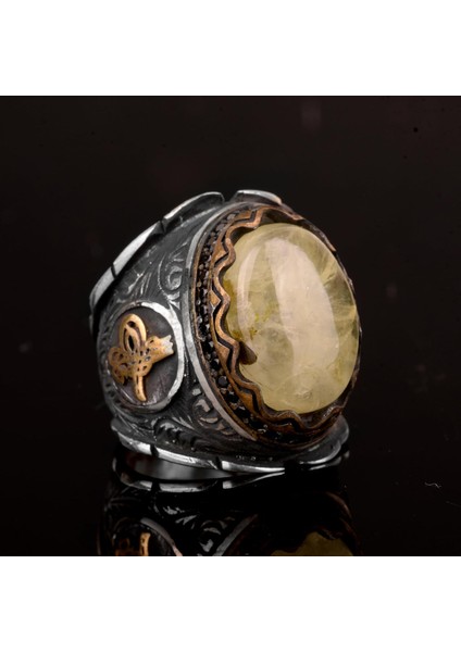 Doğal Prehnite Taş Yüzük, 925 Ayar Gümüş Erkek Yüzük, Tugra Yüzük fırsatları