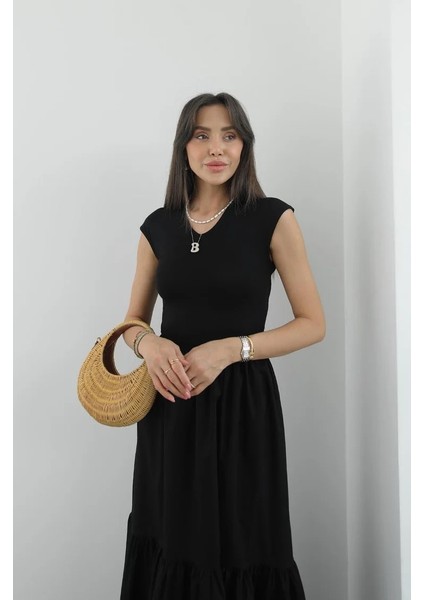 Hot Fashıon Kadın Bel Altı Poplin Üstü Penye V Yaka Maxi Boy Kolsuz Elbise