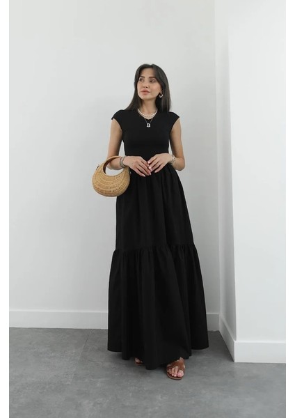 Hot Fashıon Kadın Bel Altı Poplin Üstü Penye V Yaka Maxi Boy Kolsuz Elbise modelleri