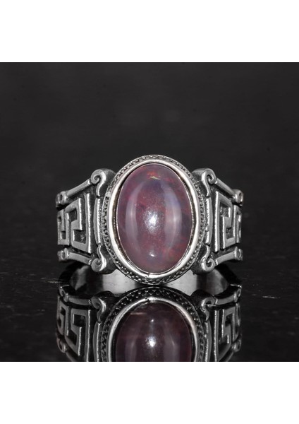 El Yapımı 925 Ayar Gümüş Erkek Yüzük Doğal Etiyopya Opal Taşı - Labirent Tasarımı fırsatları