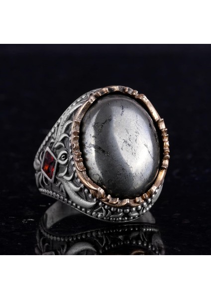 Doğal Taş Yüzük - El Yapımı 925 Ayar Gümüş Yüzük - El Işi Yüzük (Pirit) fırsatları