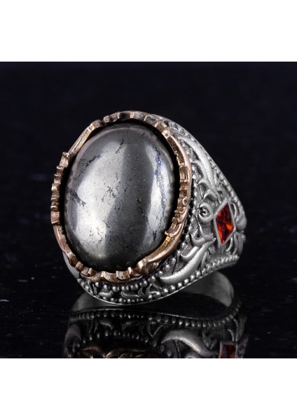 Doğal Taş Yüzük - El Yapımı 925 Ayar Gümüş Yüzük - El Işi Yüzük (Pirit) indirimleri