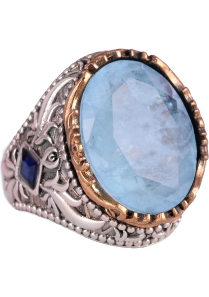 Yapay Taş Yüzük - El Yapımı Erkek Yüzüğü - Şık 925 Ayar Gümüş Erkek Yüzüğü (Yapılan Açık Mavi Paraiba)