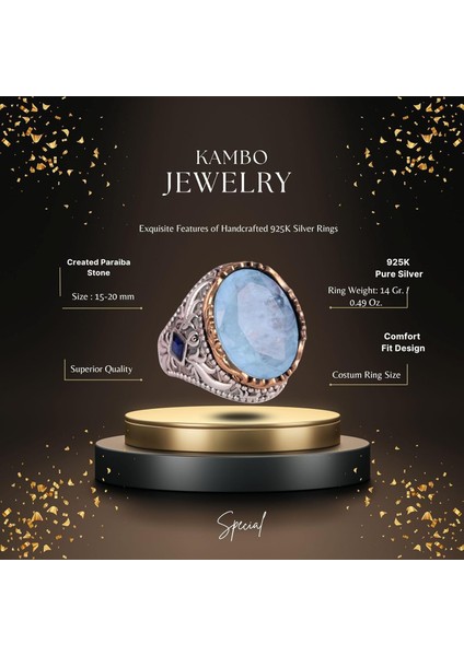 Yapay Taş Yüzük - El Yapımı Erkek Yüzüğü - Şık 925 Ayar Gümüş Erkek Yüzüğü (Yapılan Açık Mavi Paraiba) fiyatları