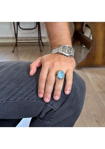Yapay Taş Yüzük - El Yapımı Erkek Yüzüğü - Şık 925 Ayar Gümüş Erkek Yüzüğü (Yapılan Açık Mavi Paraiba) modelleri