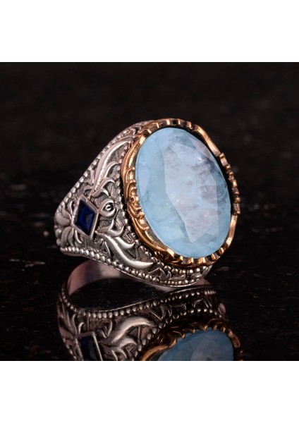 Yapay Taş Yüzük - El Yapımı Erkek Yüzüğü - Şık 925 Ayar Gümüş Erkek Yüzüğü (Yapılan Açık Mavi Paraiba) indirimleri