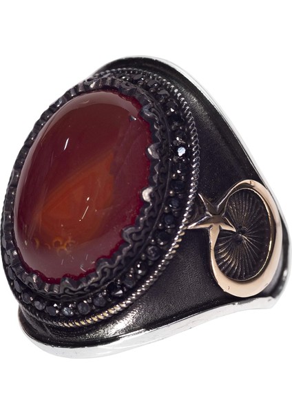 Erkek 925 Ayar Gümüş Yüzük Doğal Kırmızı Akik Taşı ile