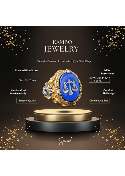 Mavi Taş Erkek Yüzük, Altın Kaplama 925 Ayar Gümüş Terazi Tasarımı fiyatları