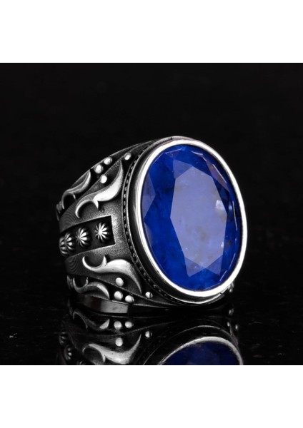 925 Ayar Gümüş Yüzük, Tasarım Gümüş Erkek Yüzüğü (Lacivert Paraiba Yapay Taş) modelleri