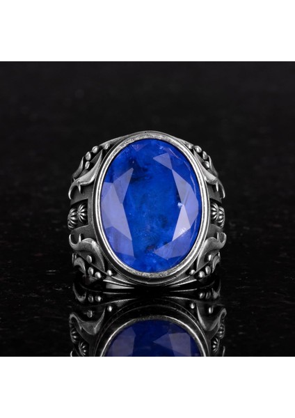 925 Ayar Gümüş Yüzük, Tasarım Gümüş Erkek Yüzüğü (Lacivert Paraiba Yapay Taş) fırsatları